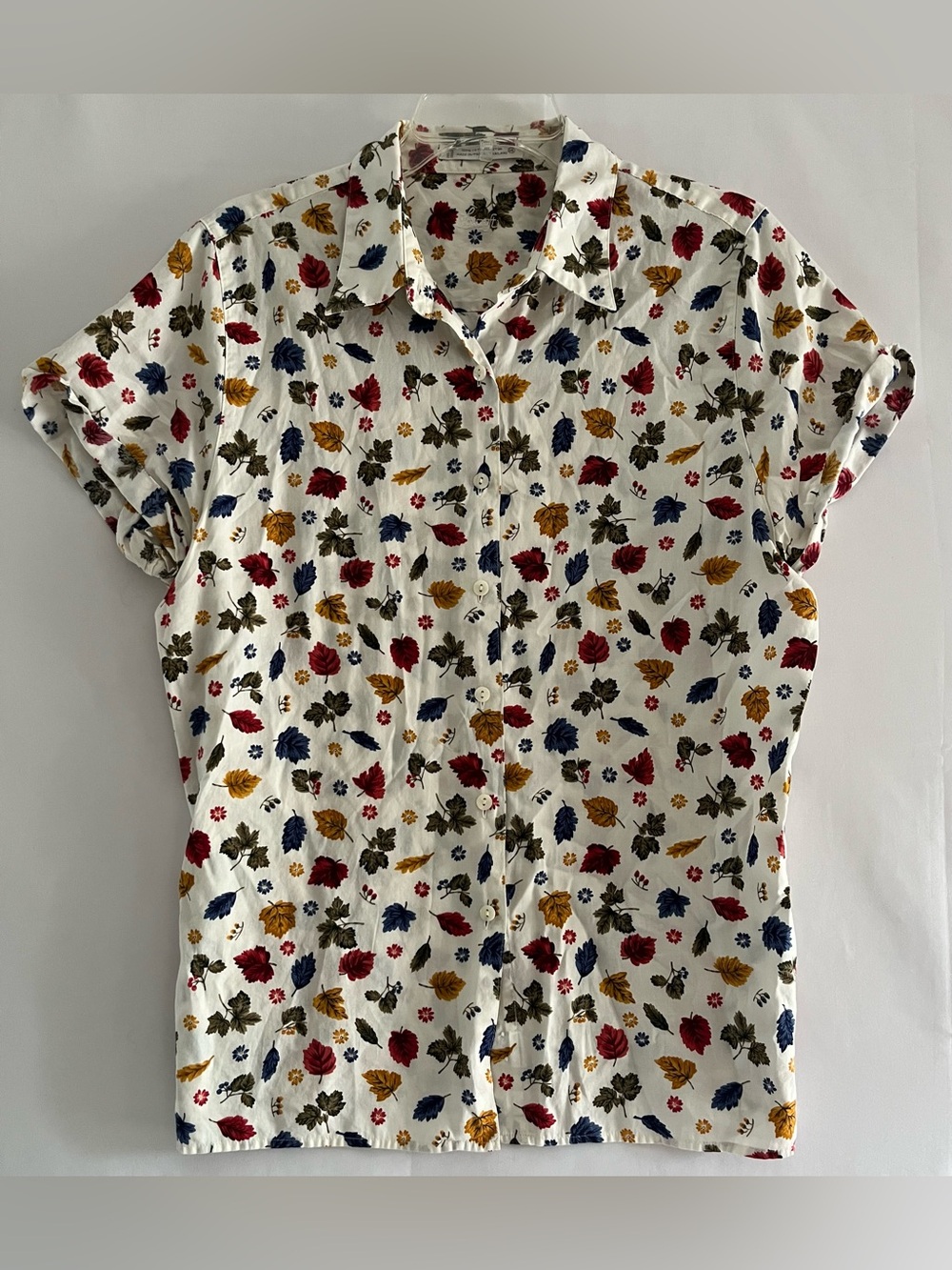Foxcroft Cotton Autumn Leaf Print Button Down Shirt Cottagecore Vintage Style Si